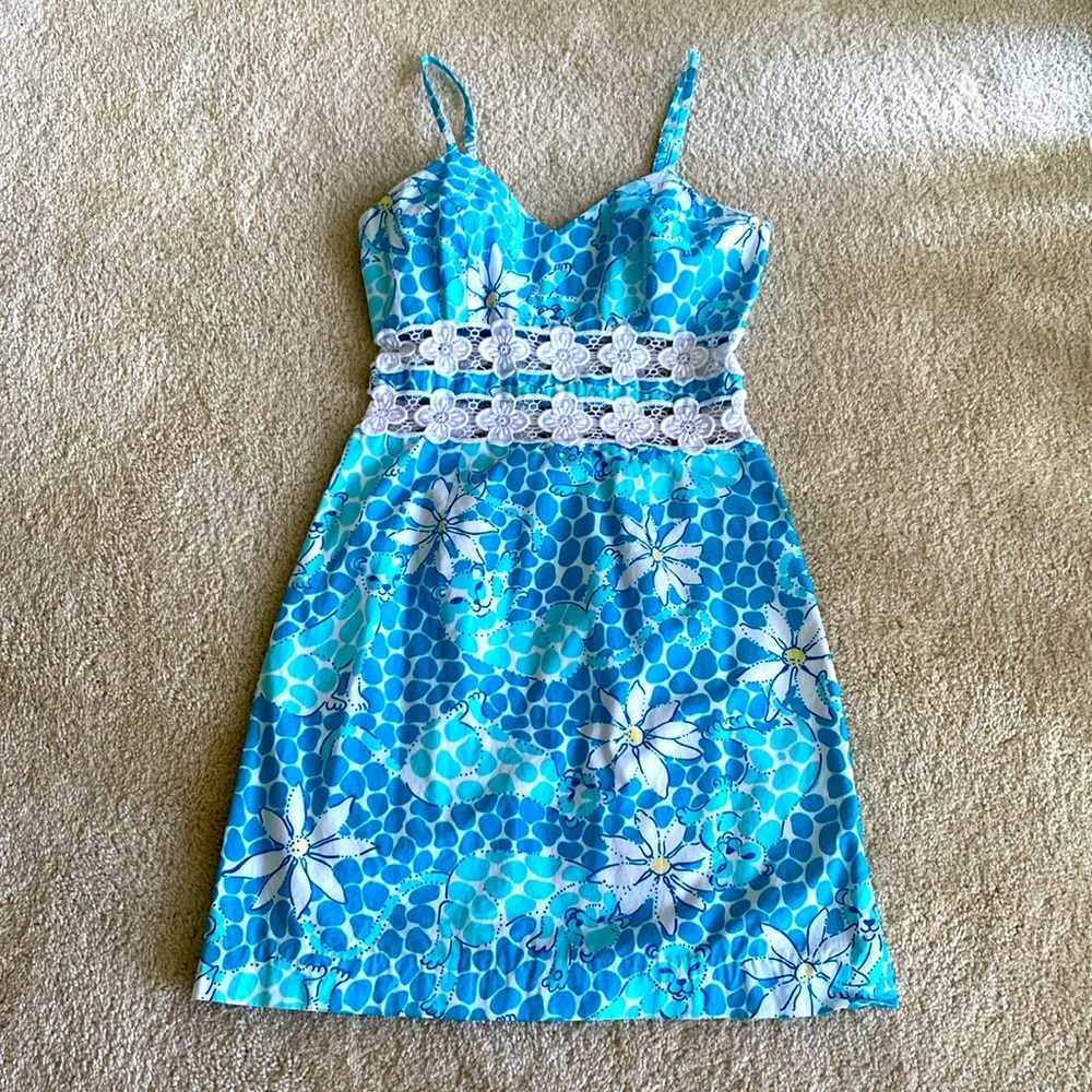 Lilly Pulitzer vintage aqua blue and white vintage dress, 0